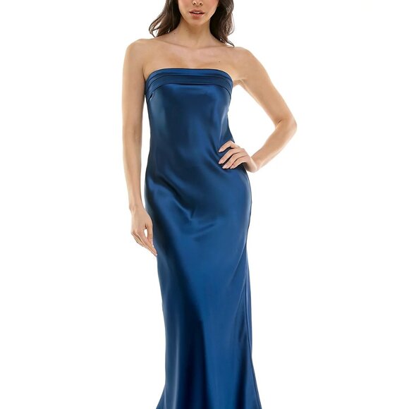 Emerald Sundae Juniors' Strapless Drape-Back Satin Gown Navy - Picture 1 of 4
